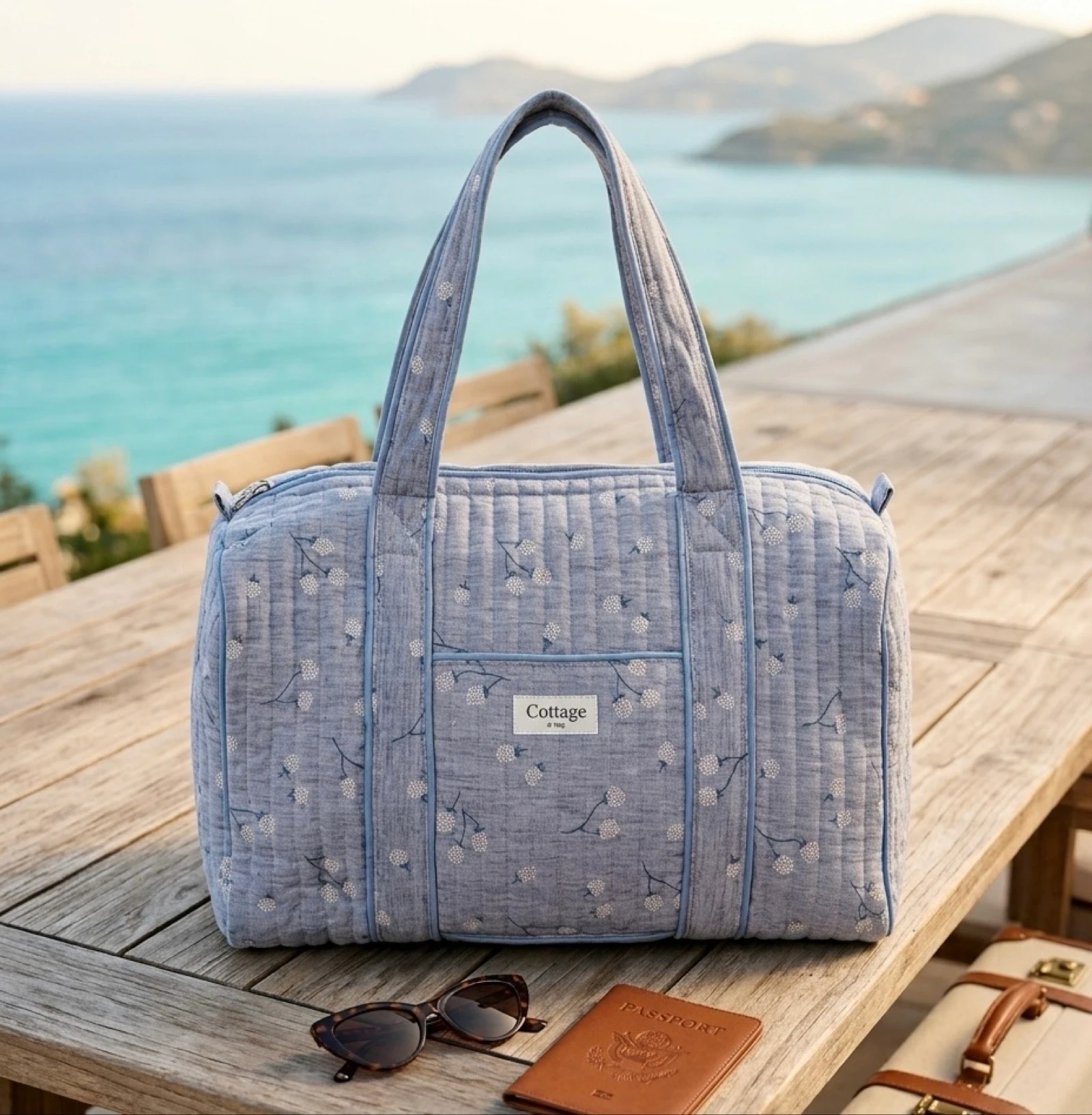 Sac de Voyage 100% Coton Collection Cottage & Bag / Modèle Boules Bleu Clair